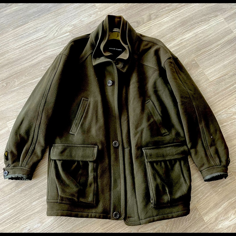 Bergdorf Goodman olive-green wool car coat.
